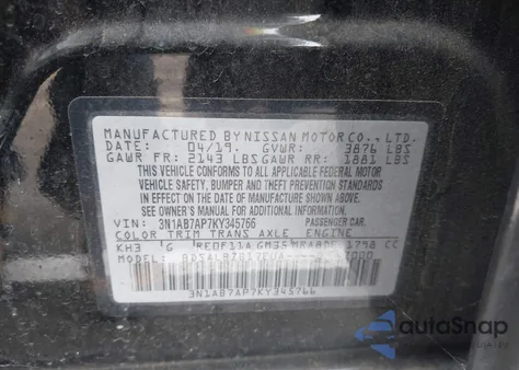 2019 Nissan Sentra S from USA, damaged, VIN 3N1AB7AP7KY345766